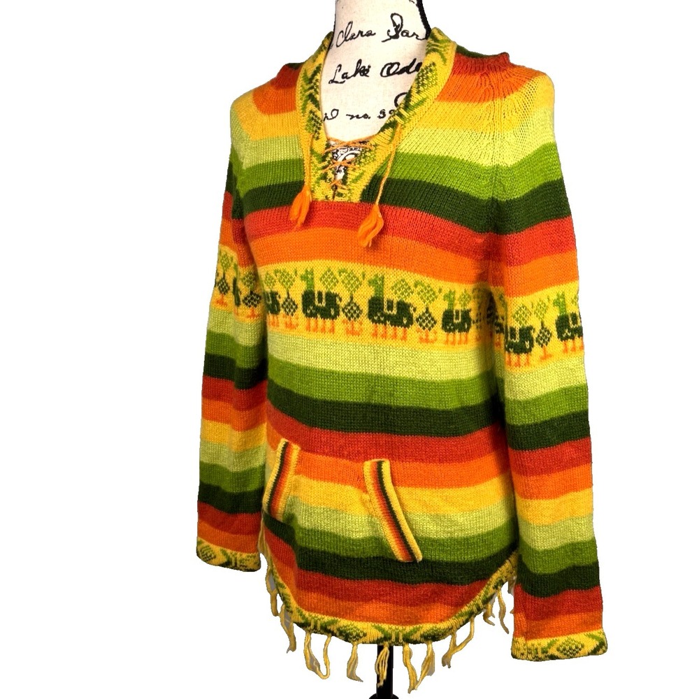 Peruvian Alpaca Women's Striped Knit Hoodie Kangaroo Pocket Fringe Lace Up Sz. S